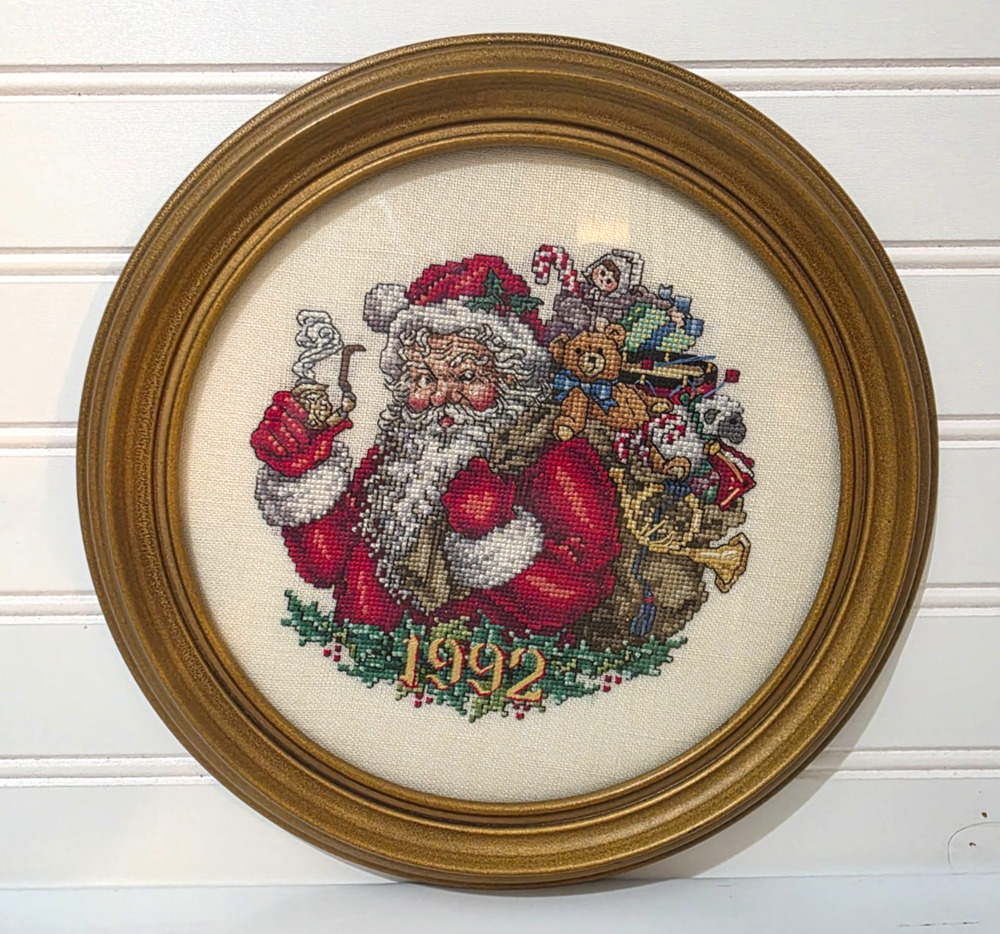Completed 1992 Santa Christmas Cross Stitch Framed 9 3/4" Handmade